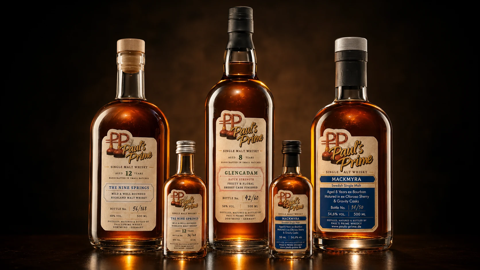 Paul’s Prime Whiskyflaschen als hochwertige Kollektion im warmen Studiolicht