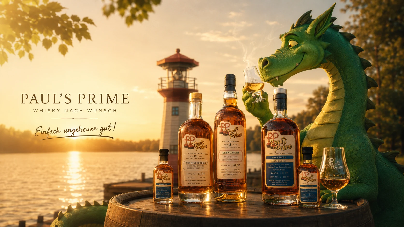 Paul’s Prime Whiskyflaschen mit grünem Drachen und Leuchtturm am See