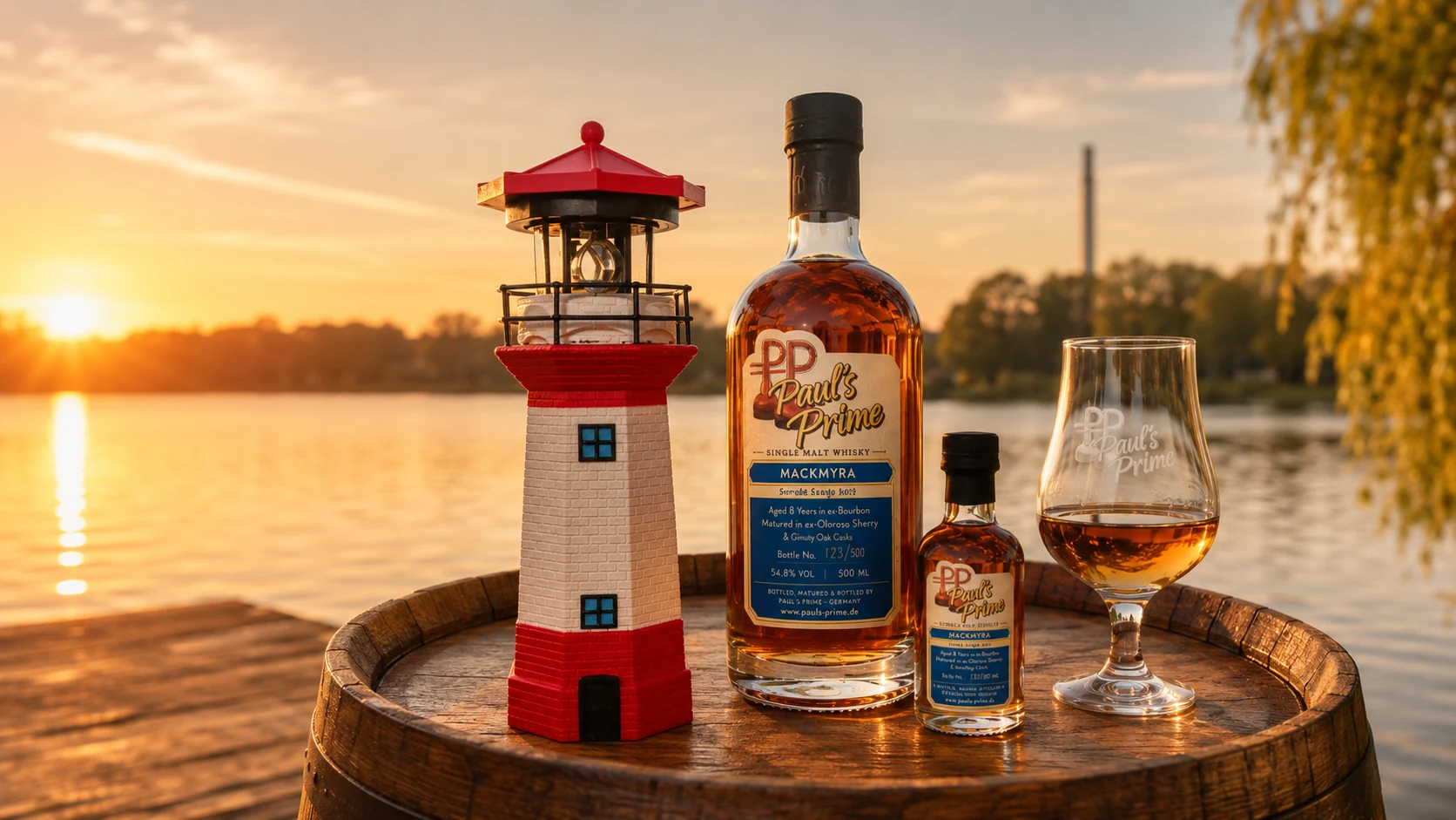 Paul’s Prime Whiskyflasche, Miniatur, Nosingglas und Leuchtturm am Wasser
