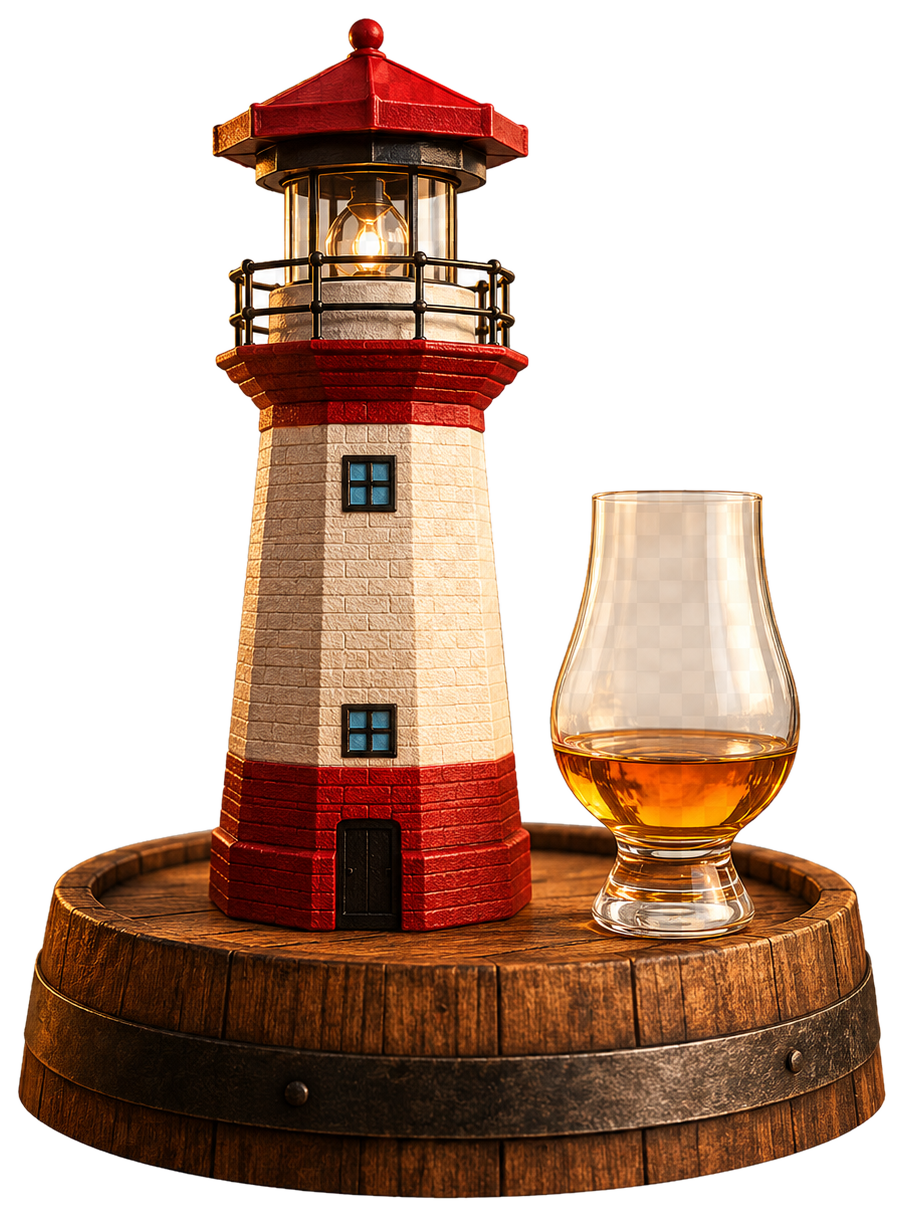 Rot-weißer Leuchtturm und Whiskyglas auf einem Fass
