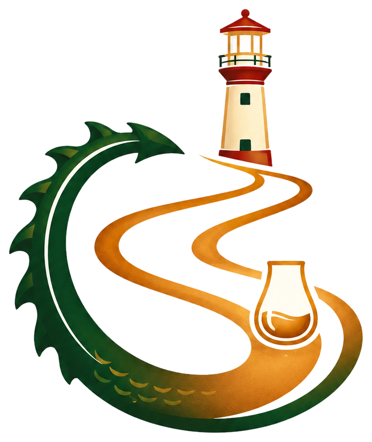 Illustration einer Whisky-Reise mit Drachenpfad, Nosingglas und Leuchtturm