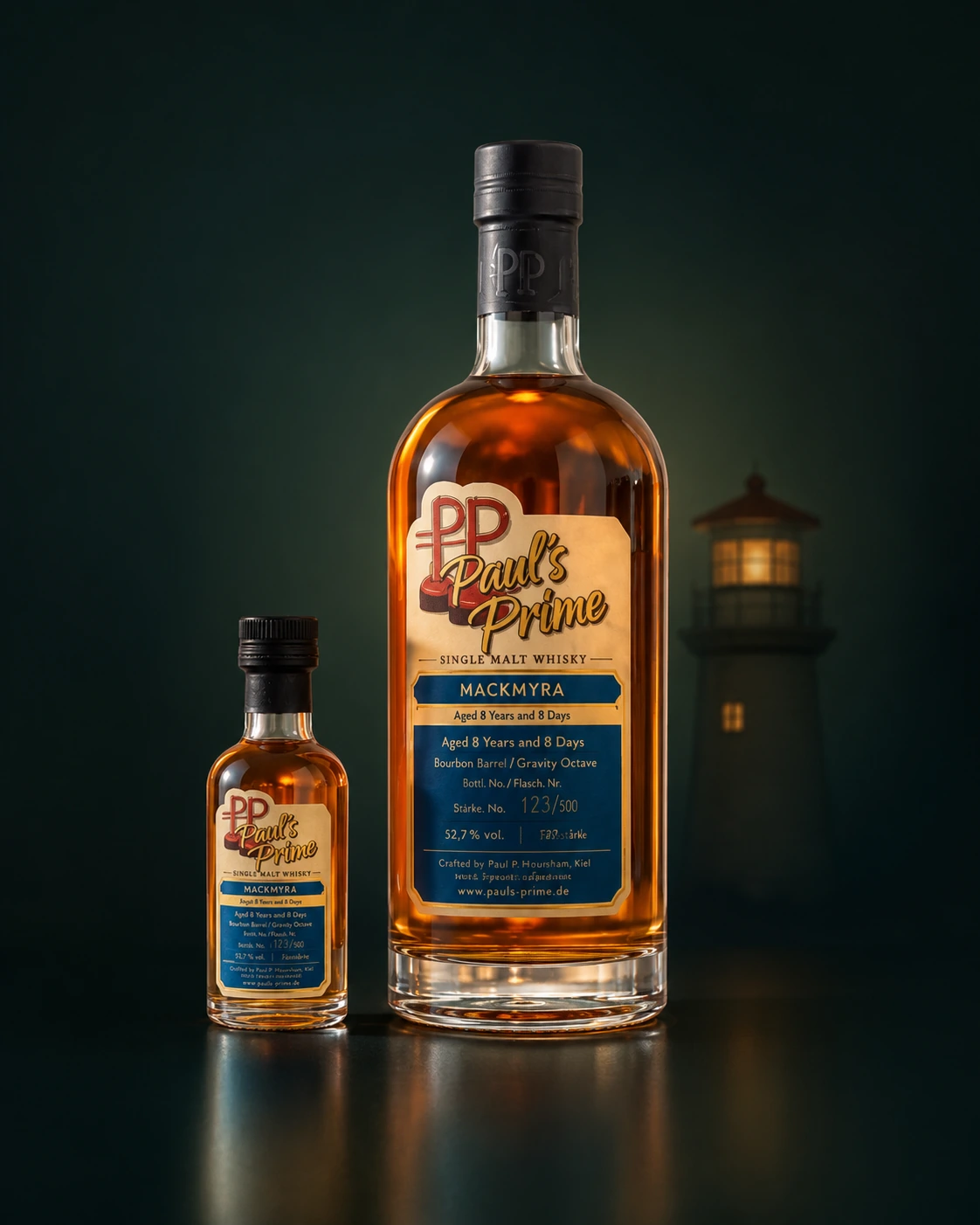 Mackmyra aged 8 years and 8 days mit Miniatur im hochwertigen Studiolicht